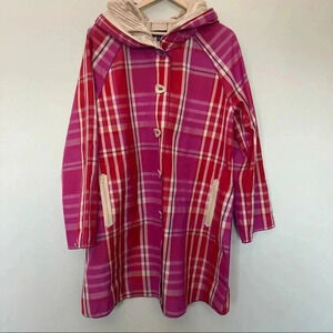 TravelSmith  plaid pink red cream pleated hooded jacket